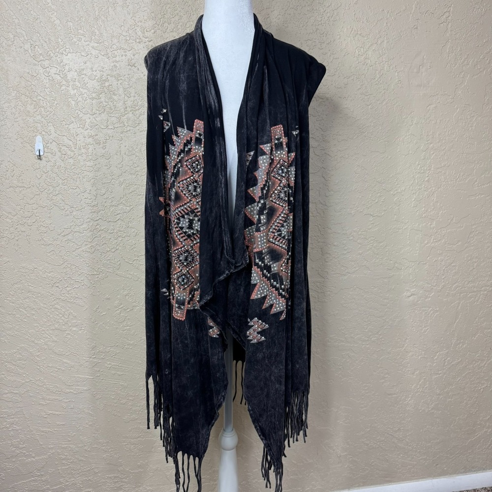 Vocal Women's Rhinestone Embellished Fringe Vest Size XL Aztec Southwest Boho
